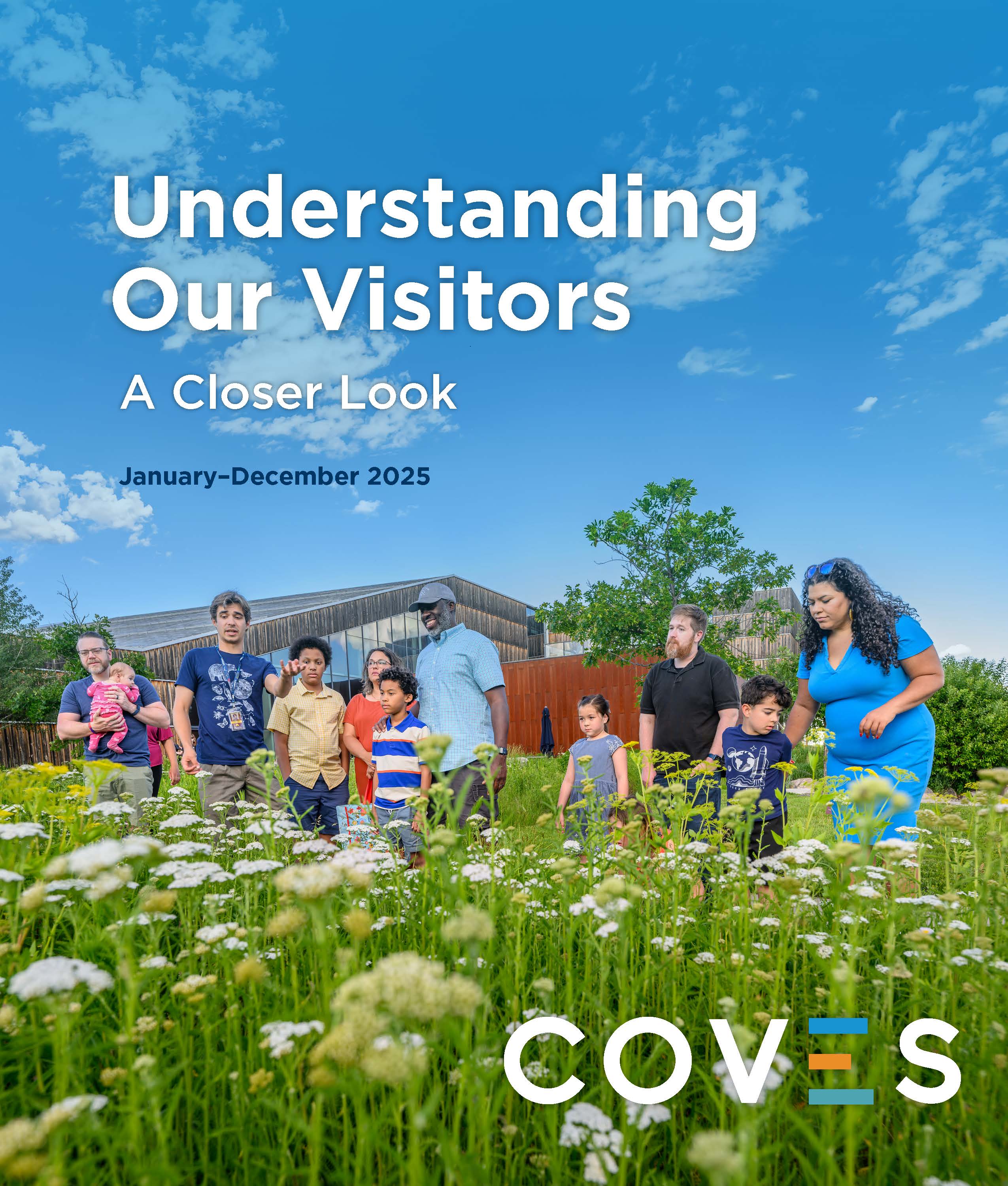 Understanding Our Visitors: A closer look. Multiple families listen to a museum guide in a field of flowers
